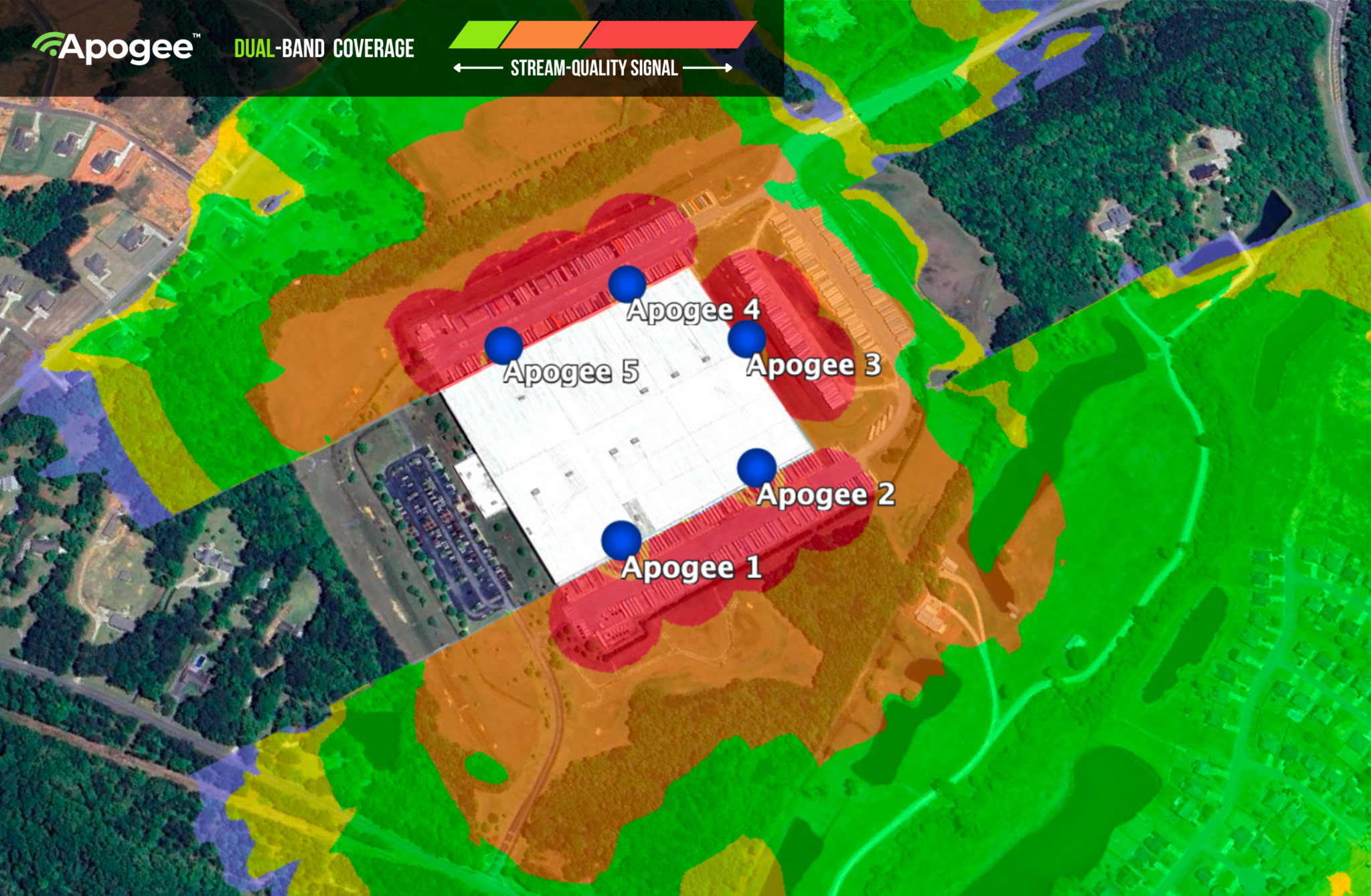 Coverage plot across a warehouse distribution center and trailer yard