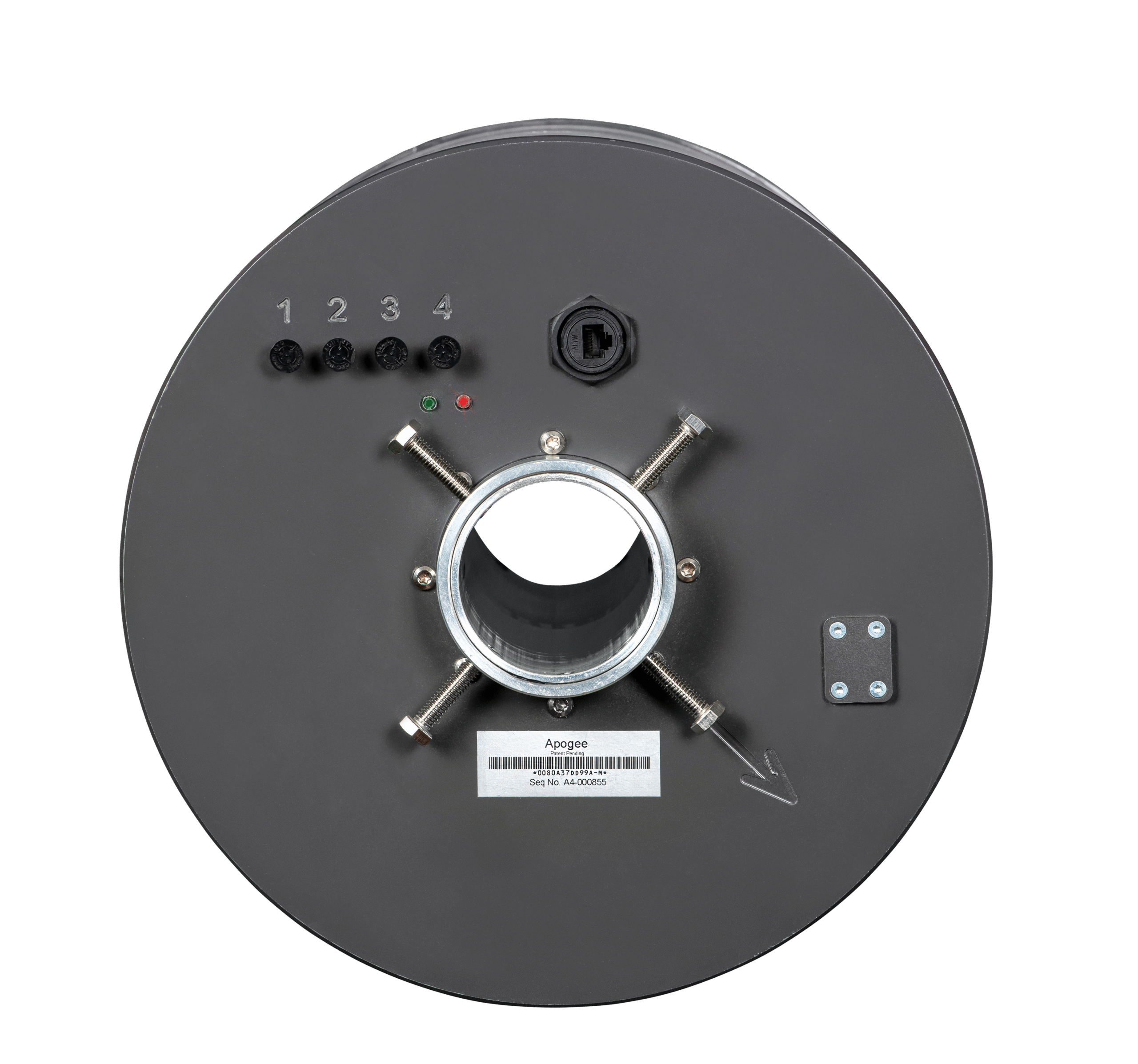 Apogee Converge base, showing the RF ports and PoE connector